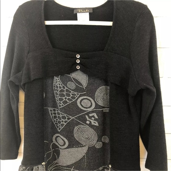 3/$20 Bali Pullover Black Gray Sweater Size L Peplum Zipper Pockets 3/4 Sleeves - Picture 5 of 13